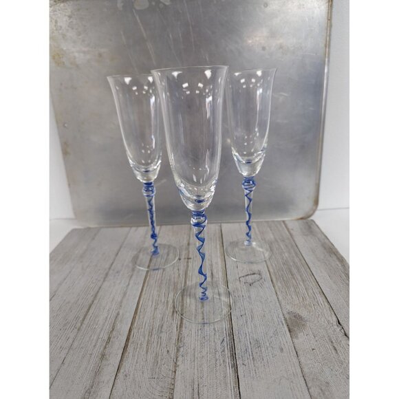 Pier 1 Set of 3 Wine Champagne Glasses 9 1/4" Tall Blue Ribbon Stem - Picture 3 of 7